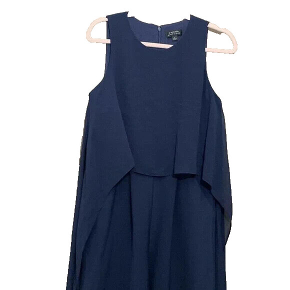 Tahari Jumpsuit ASL Navy Wide Leg Cropped Cape Style Sleeveless Pockets Size 6 - Picture 7 of 9